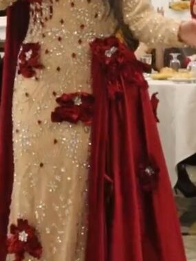 Embellished Champagne Evening Gown with Burgundy Floral Accents